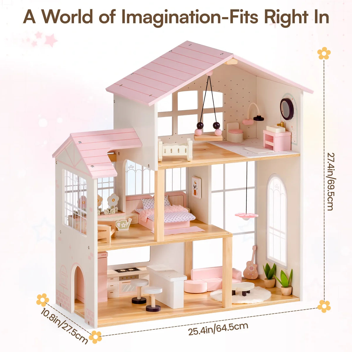 3-Story Wooden Dollhouse with Sunroom