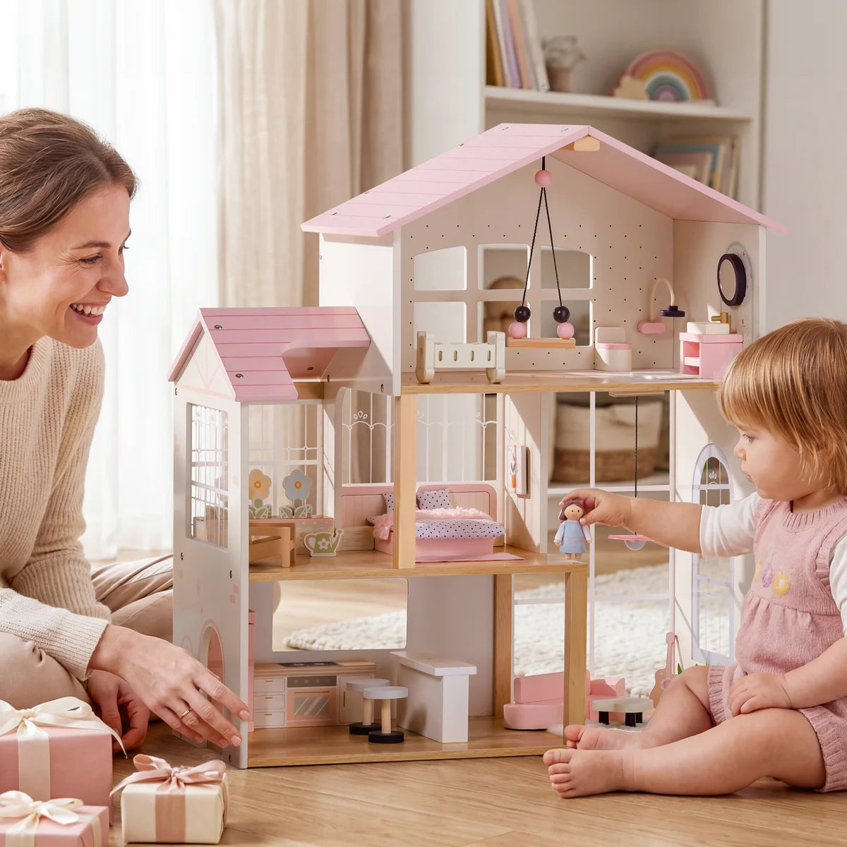 3-Story Wooden Dollhouse with Sunroom