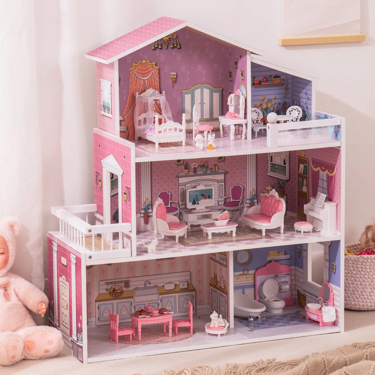 3-Story Wooden Dollhouse with 24-Piece Furniture Set & Garden Balcony
