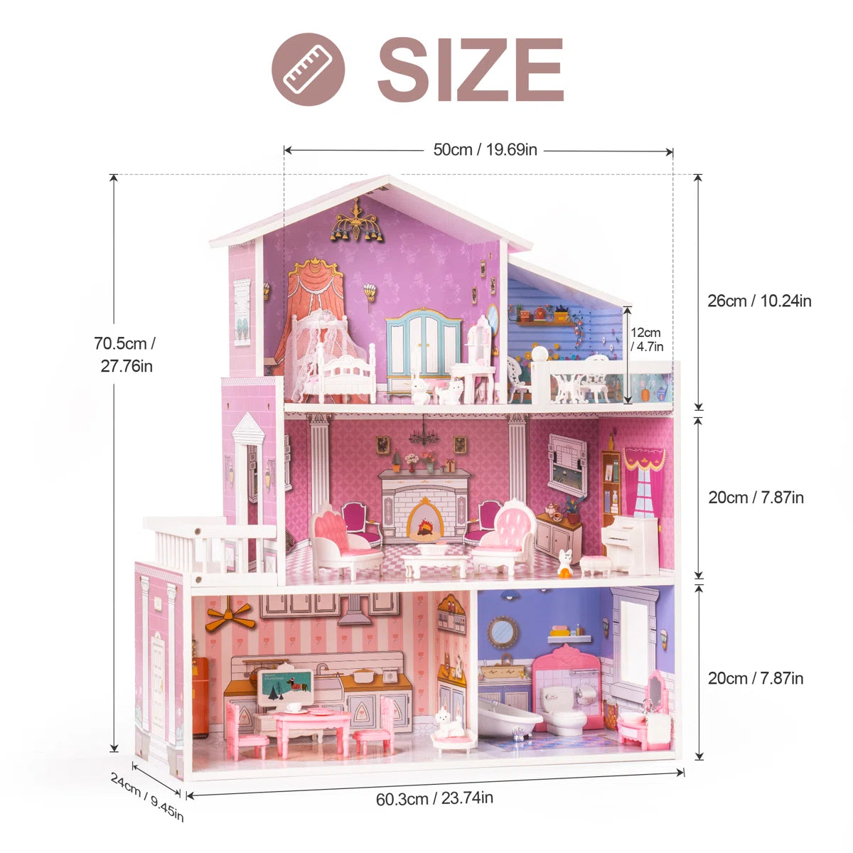 3-Story Wooden Dollhouse with 24-Piece Furniture Set & Garden Balcony