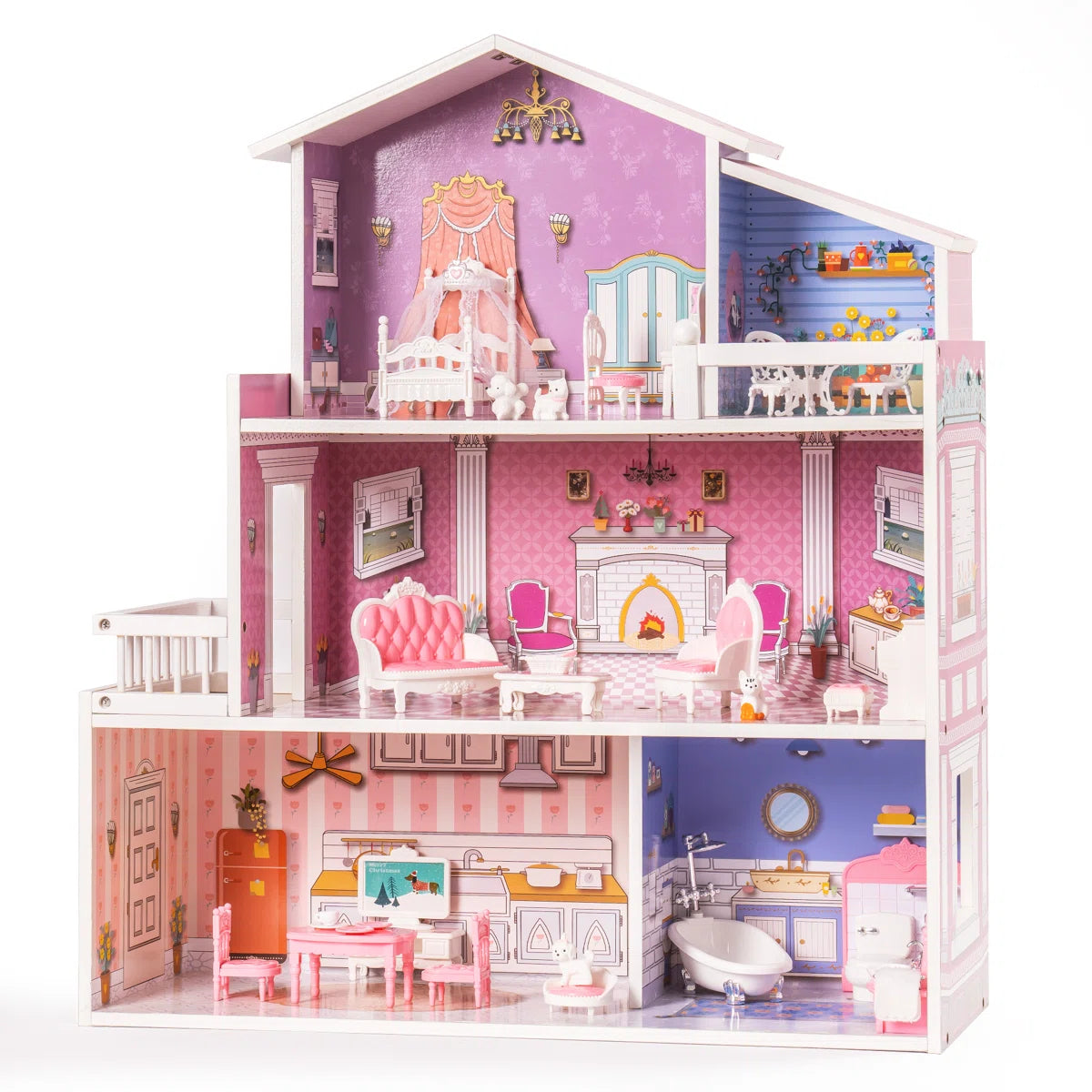 3-Story Wooden Dollhouse with 24-Piece Furniture Set & Garden Balcony