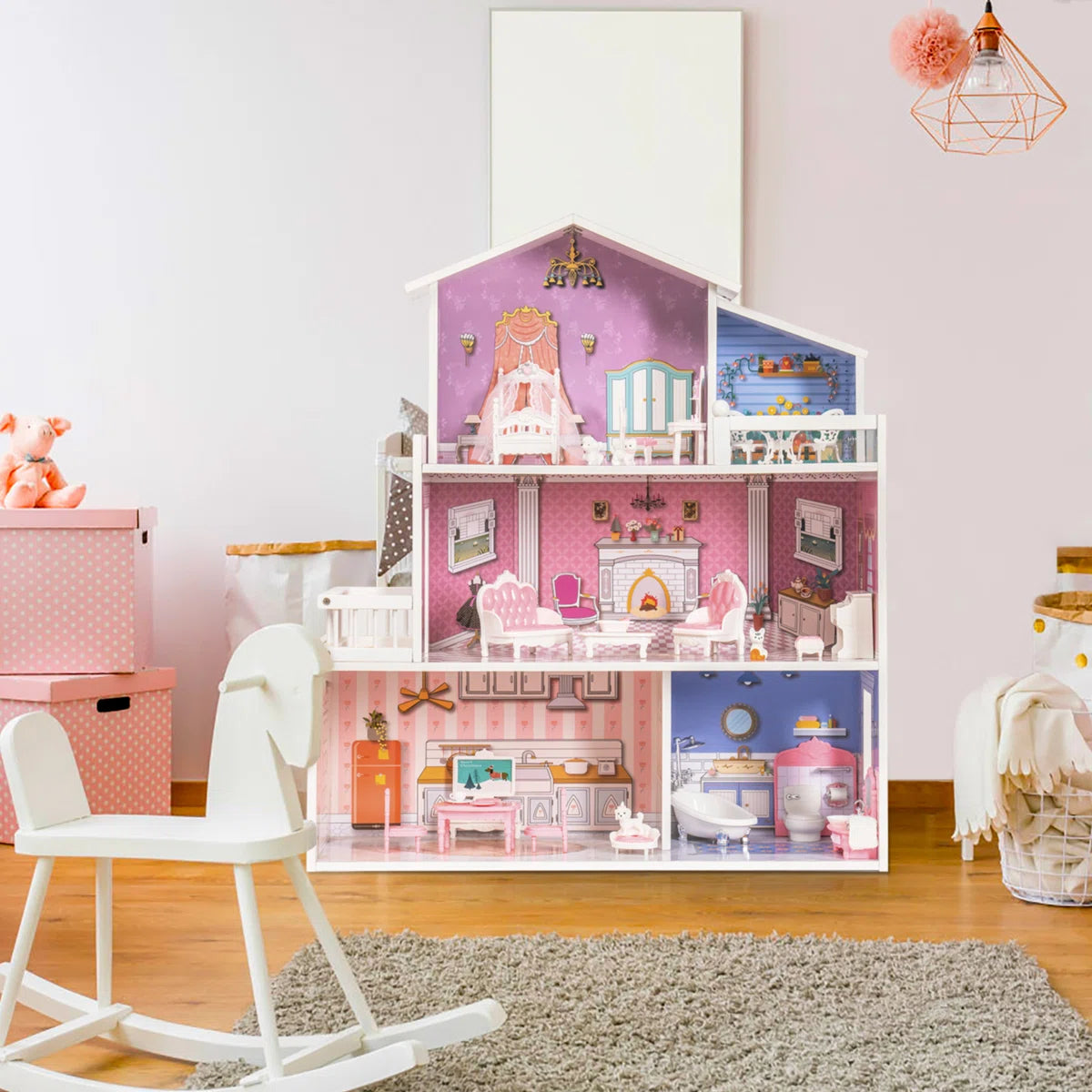 3-Story Wooden Dollhouse with 24-Piece Furniture Set & Garden Balcony