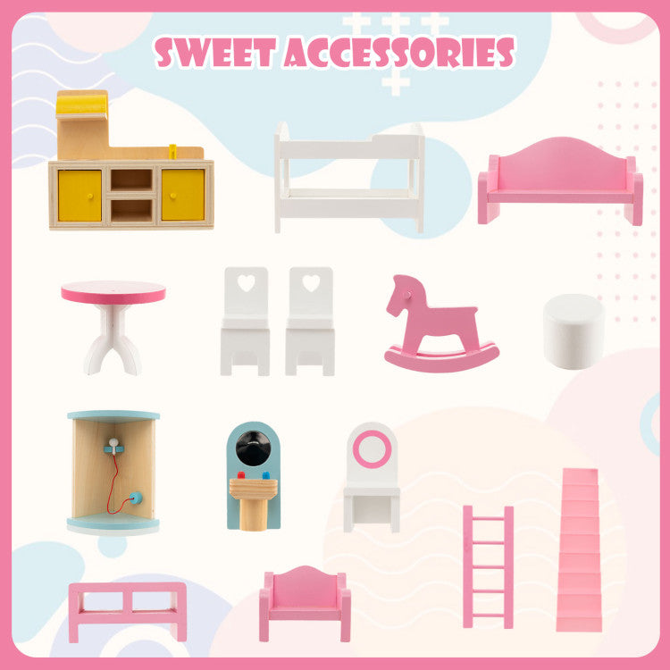 Dollhouse Playset with 6 Rooms & 15-Piece Furniture Set