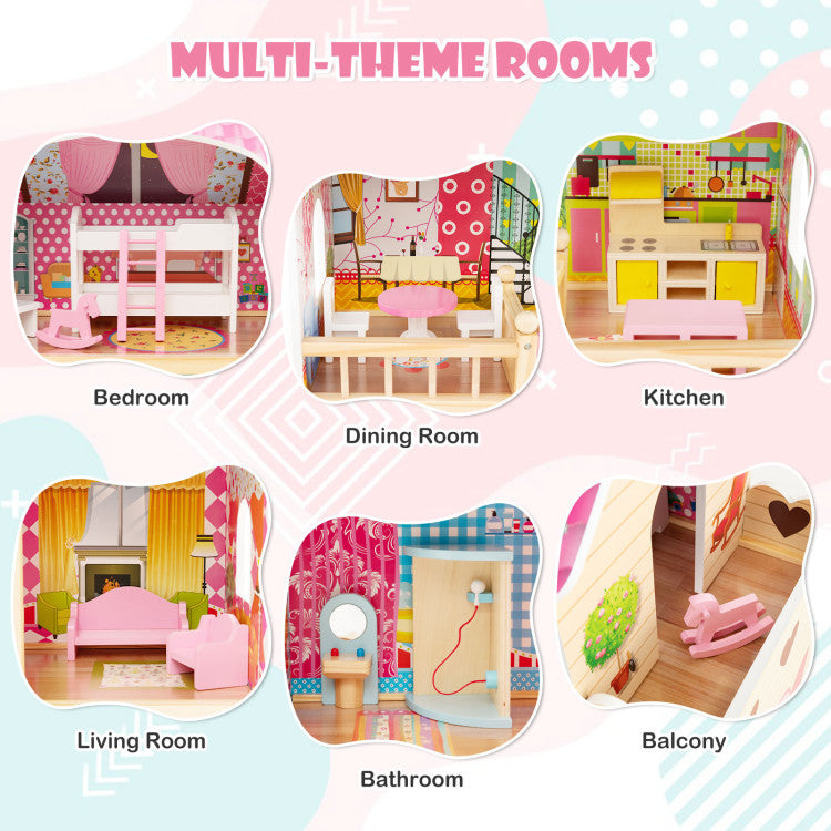 Dollhouse Playset with 6 Rooms & 15-Piece Furniture Set