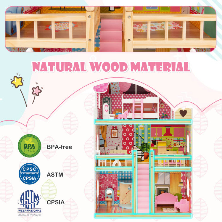 Dollhouse Playset with 6 Rooms & 15-Piece Furniture Set