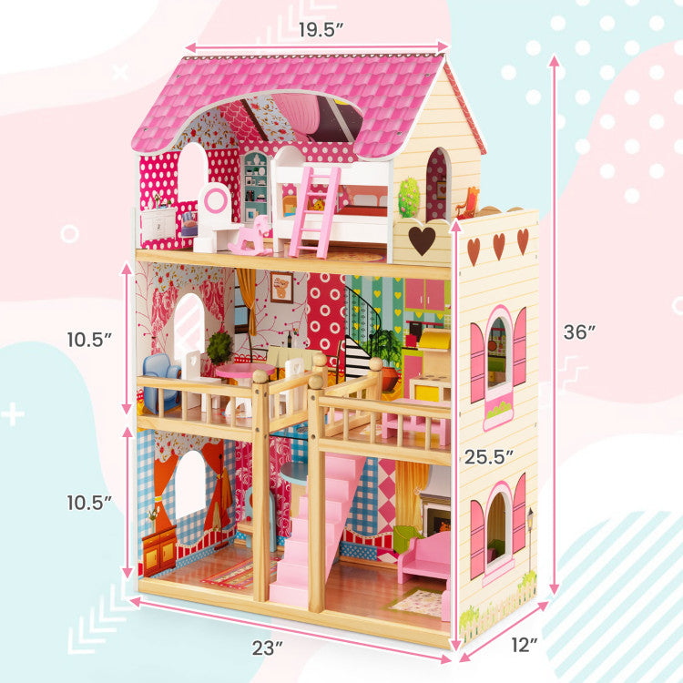 Dollhouse Playset with 6 Rooms & 15-Piece Furniture Set