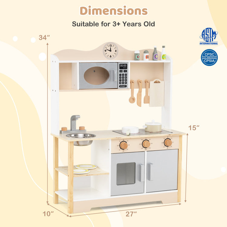 Wooden Realistic Toddler Pretend Cooking Toy with Oven & Sink