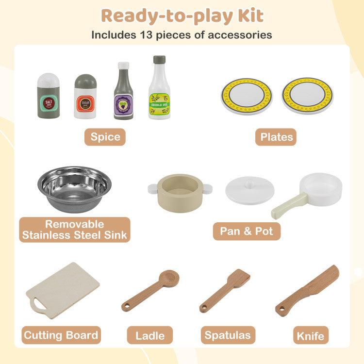 Wooden Realistic Toddler Pretend Cooking Toy with Oven & Sink