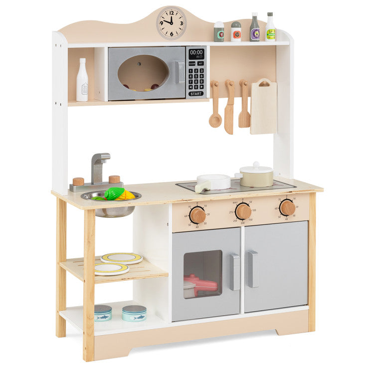 Wooden Realistic Toddler Pretend Cooking Toy with Oven & Sink