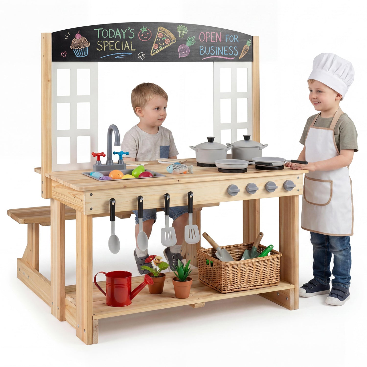 Toddler Wooden Mud Kitchen Set with Bench