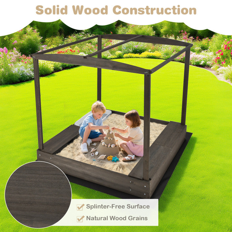 Cabana-Style Kids Wooden Sandbox with Canopy, Bench Seats & Hidden Storage