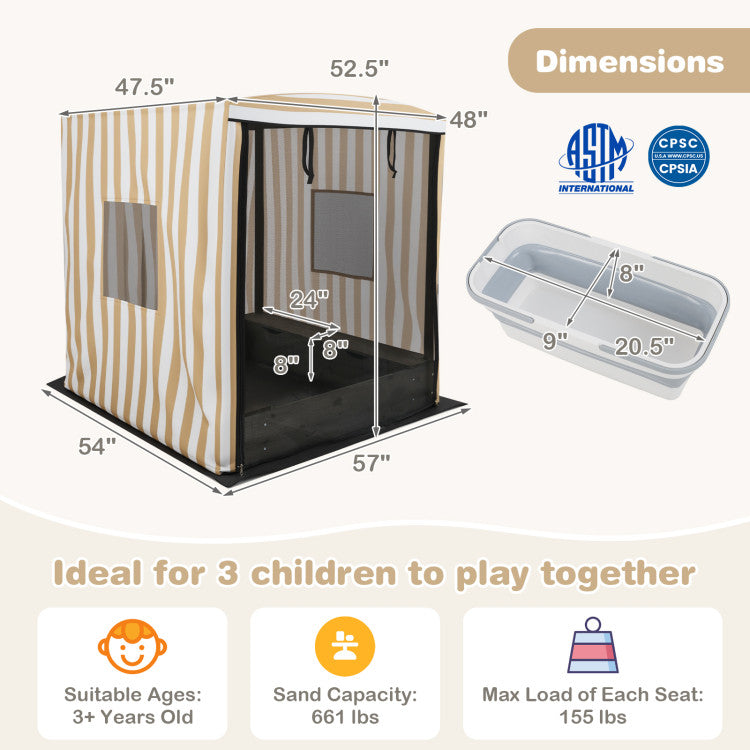 Cabana-Style Kids Wooden Sandbox with Canopy, Bench Seats & Hidden Storage