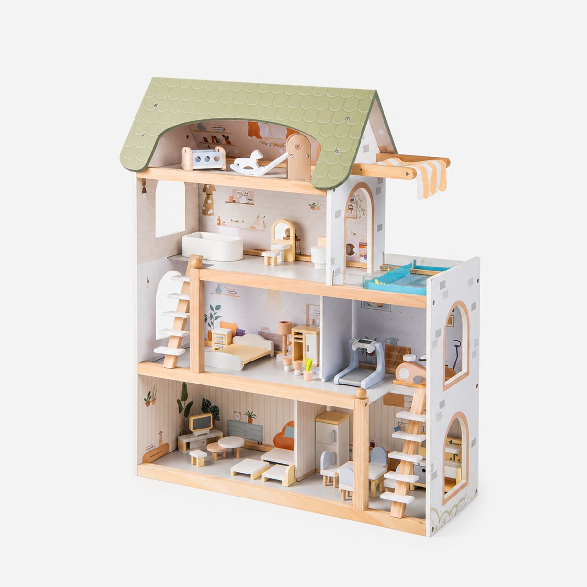 Large Wooden Dollhouse with 33-Piece Furniture Set