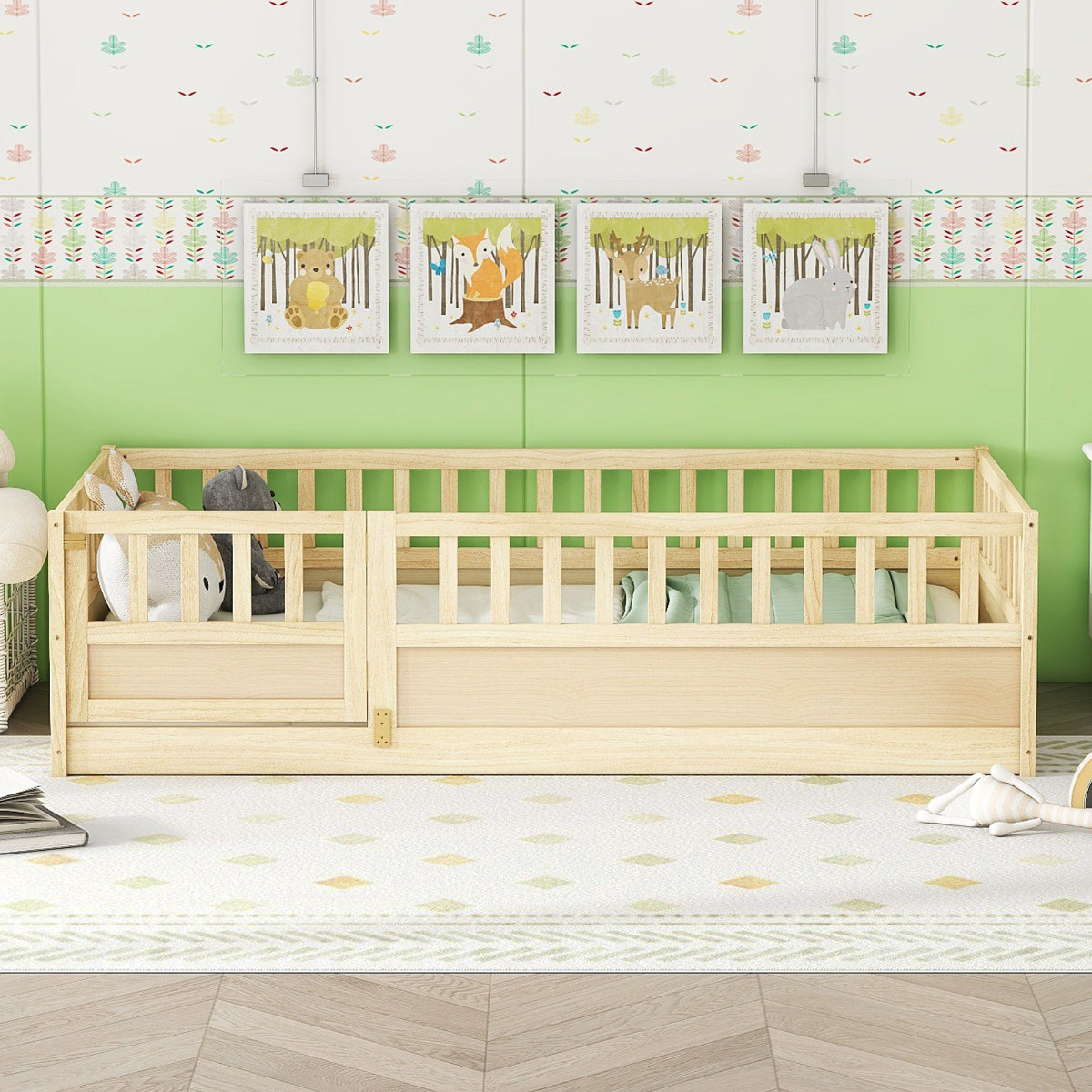 Twin Pine Floor Bed with Safety Rails and Door