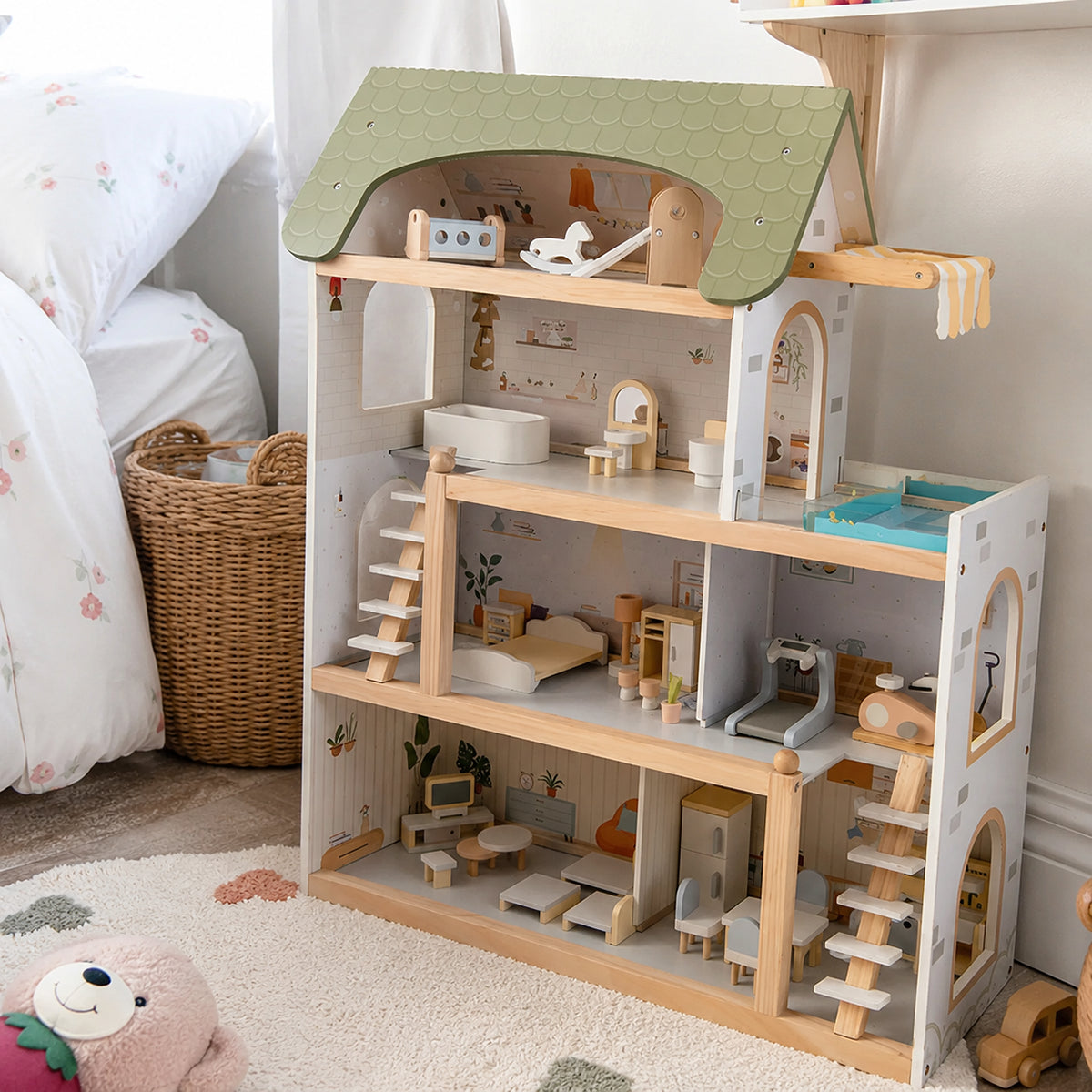 Large Wooden Dollhouse with 33-Piece Furniture Set
