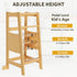 Detailed graphic showing the three adjustable height levels of the bamboo toddler tower, designed to grow with kids from 18 months to 6 years old.