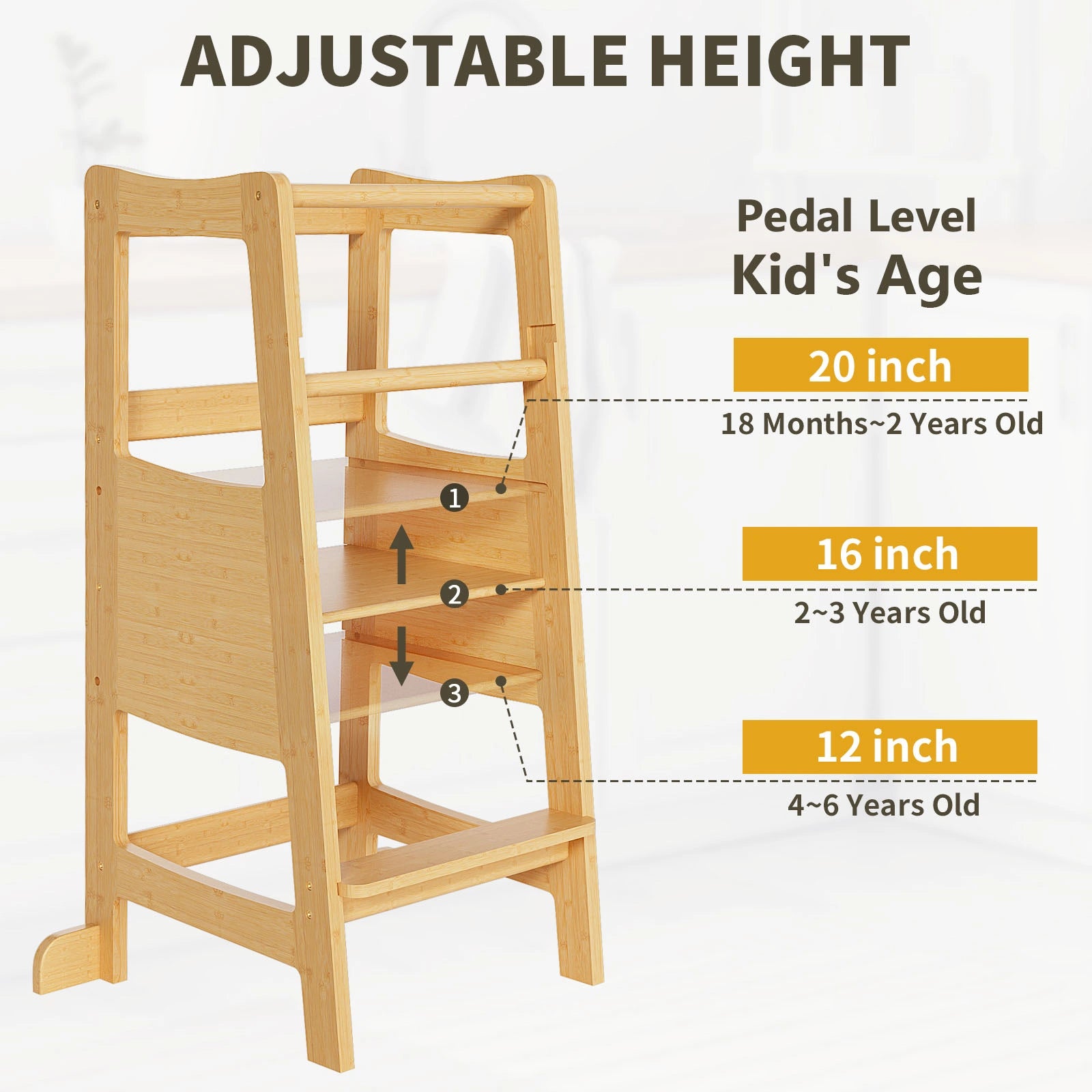 Detailed graphic showing the three adjustable height levels of the bamboo toddler tower, designed to grow with kids from 18 months to 6 years old.
