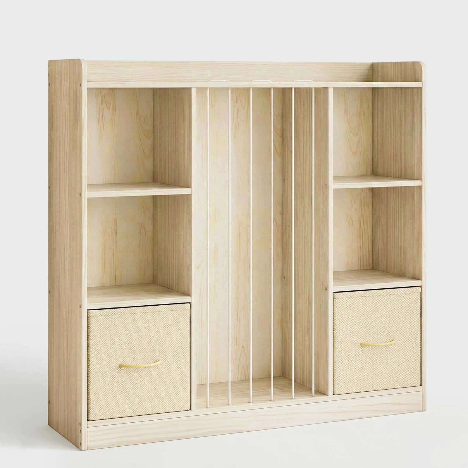 A lifestyle view of the Hicooo multi-functional wooden kids' storage unit. It features a central stuffed animal 'zoo' section with bungee cords, flanked by white open shelves for books and two bottom grey fabric bins.