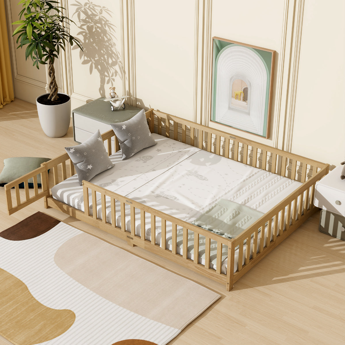 Montessori Floor Bed with Safety Fence and Door