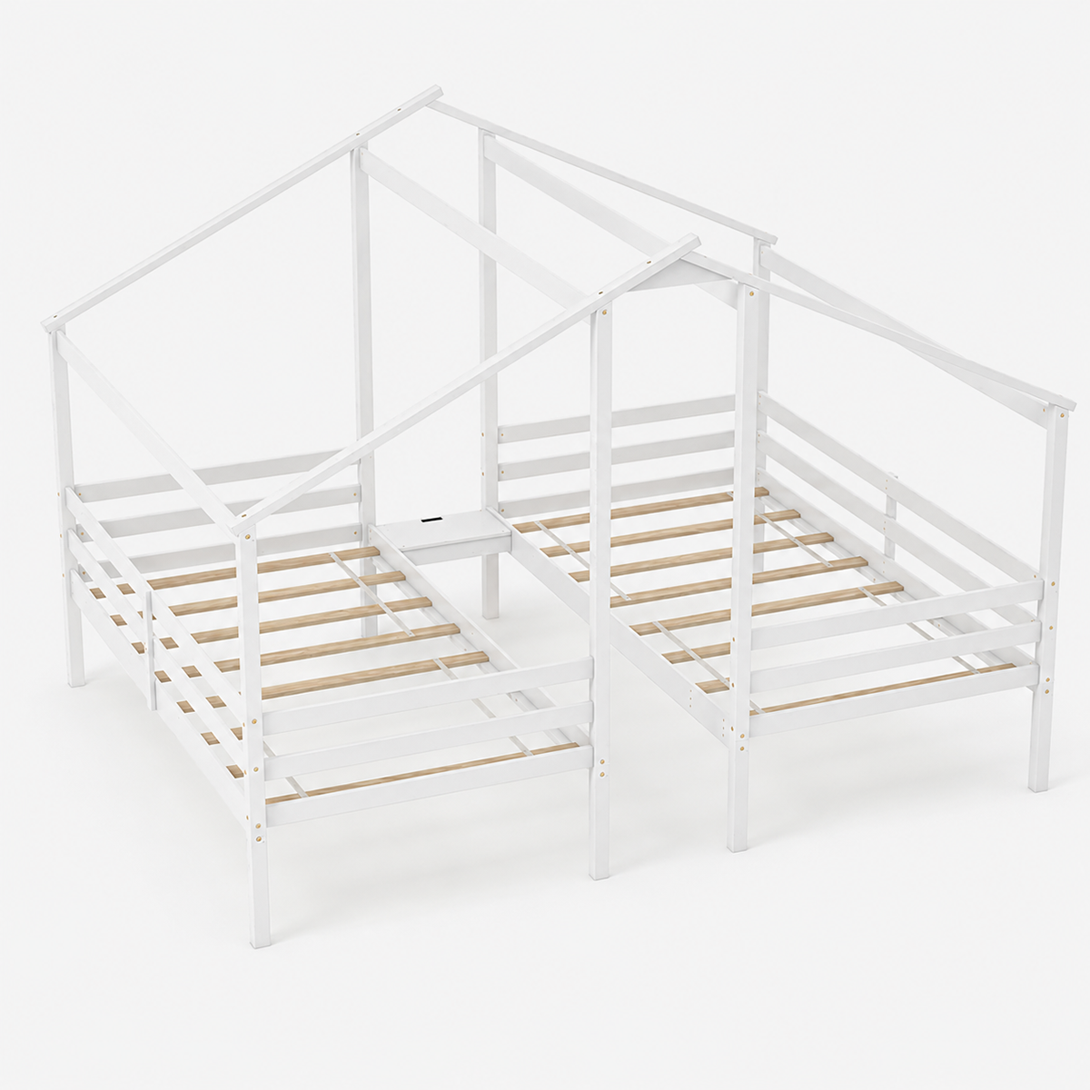Double Twin Bed Frame with Built-in Shared Nightstand Table