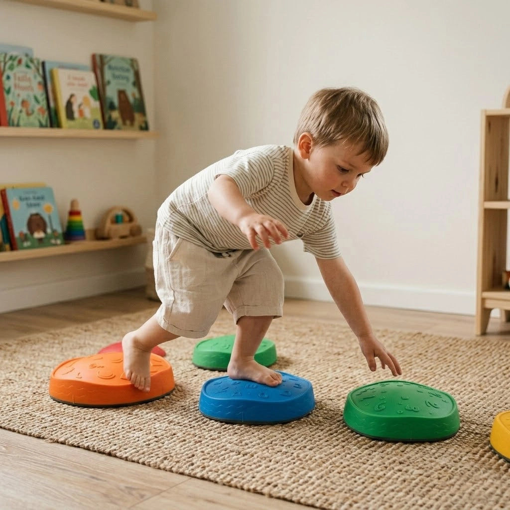 A barefoot toddler boy in a striped shirt is balancing on a colorful blue stepping stone while reaching down with one hand to touch a green textured stone. He has one foot on the blue stone and one foot on an orange stone behind him. The stones are scattered on a woven rug in a sunny playroom with wooden bookshelves, demonstrating active play and sensory exploration.