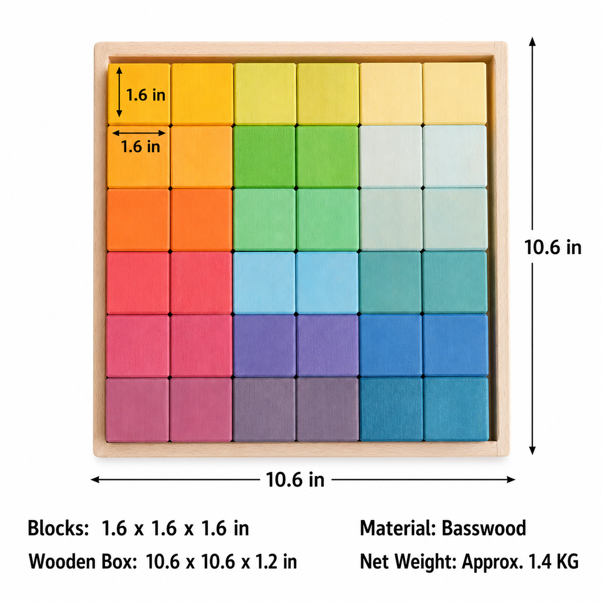Wooden Mosaic Cubes Set – Montessori Waldorf Rainbow Pastel Building Blocks with Storage Tray