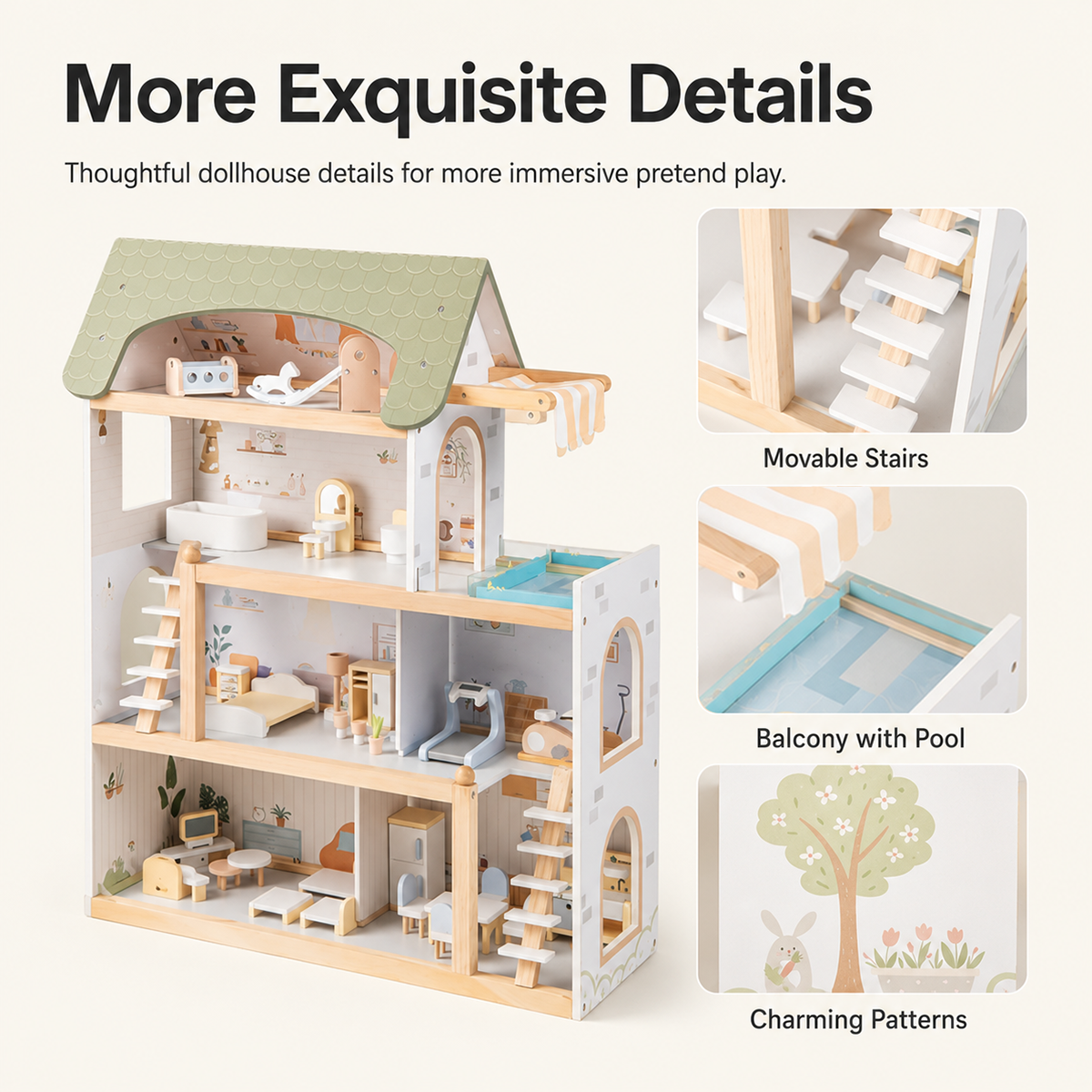 Large Wooden Dollhouse with 33-Piece Furniture Set