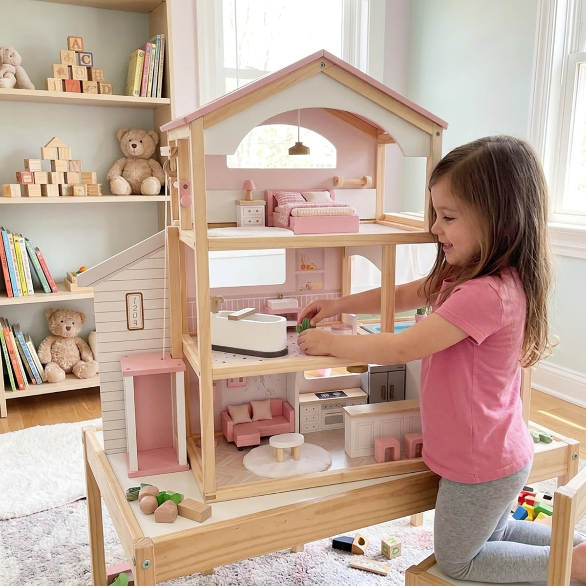 Wooden Dollhouse Estate with Working Elevator, Pool & Garage