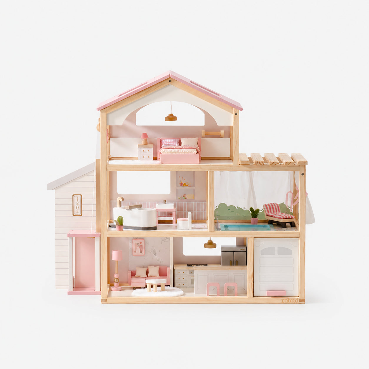 Wooden Dollhouse Estate with Working Elevator, Pool & Garage