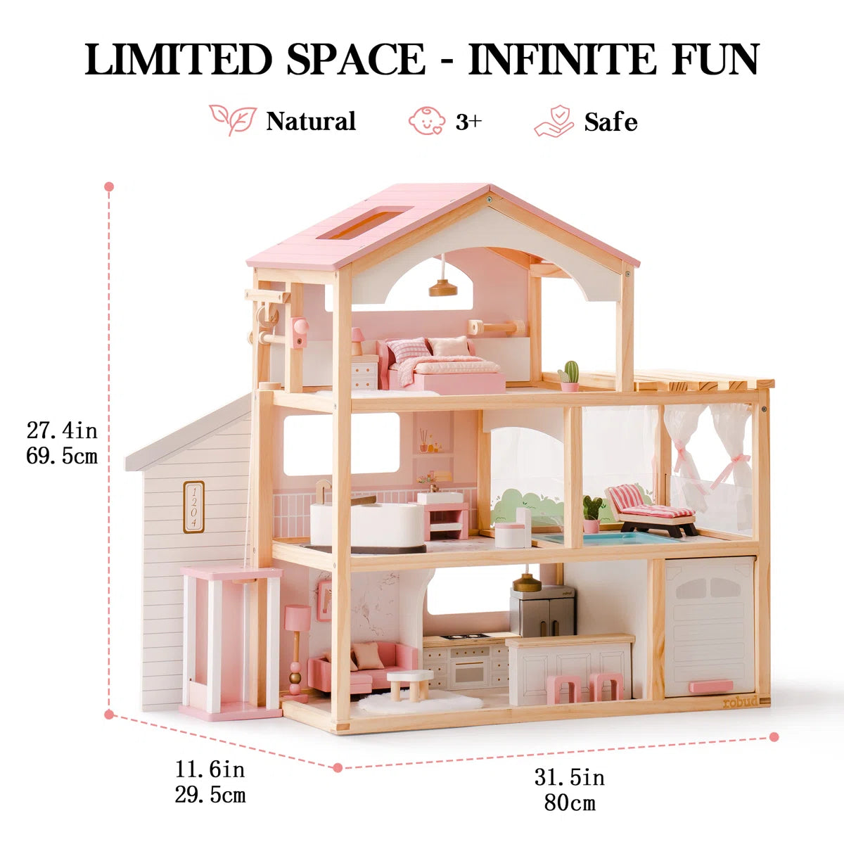 Wooden Dollhouse Estate with Working Elevator, Pool & Garage