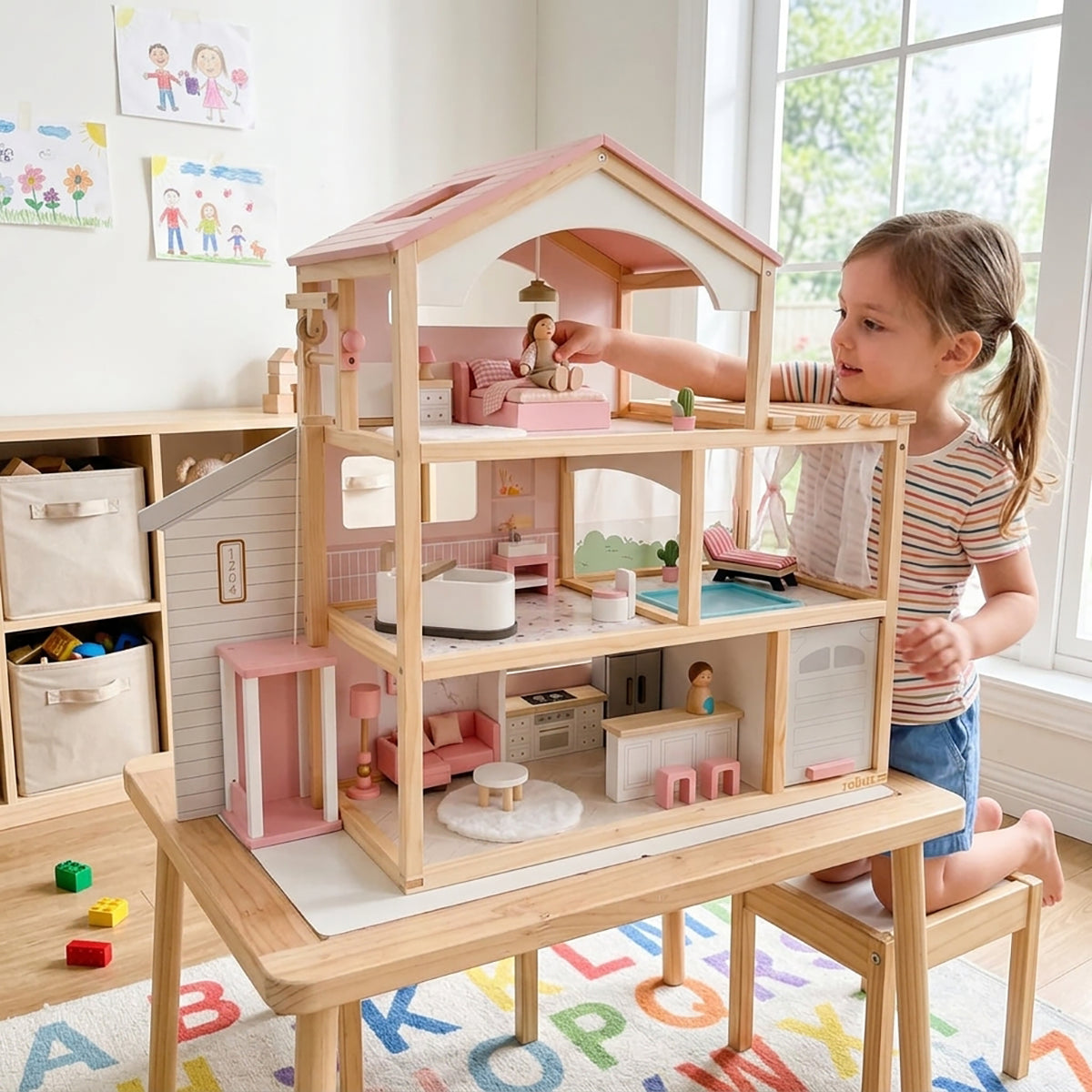Wooden Dollhouse Estate with Working Elevator, Pool & Garage