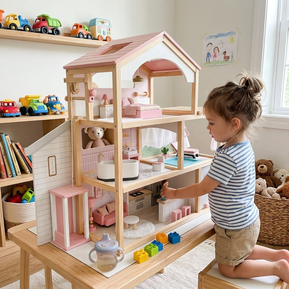 Wooden Dollhouse Estate with Working Elevator, Pool & Garage