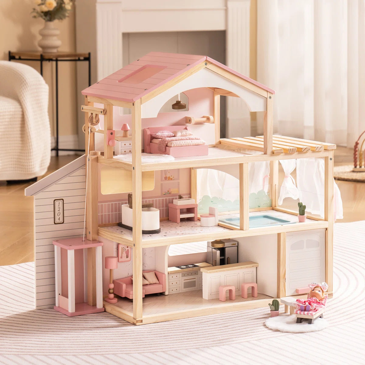 Wooden Dollhouse Estate with Working Elevator, Pool & Garage