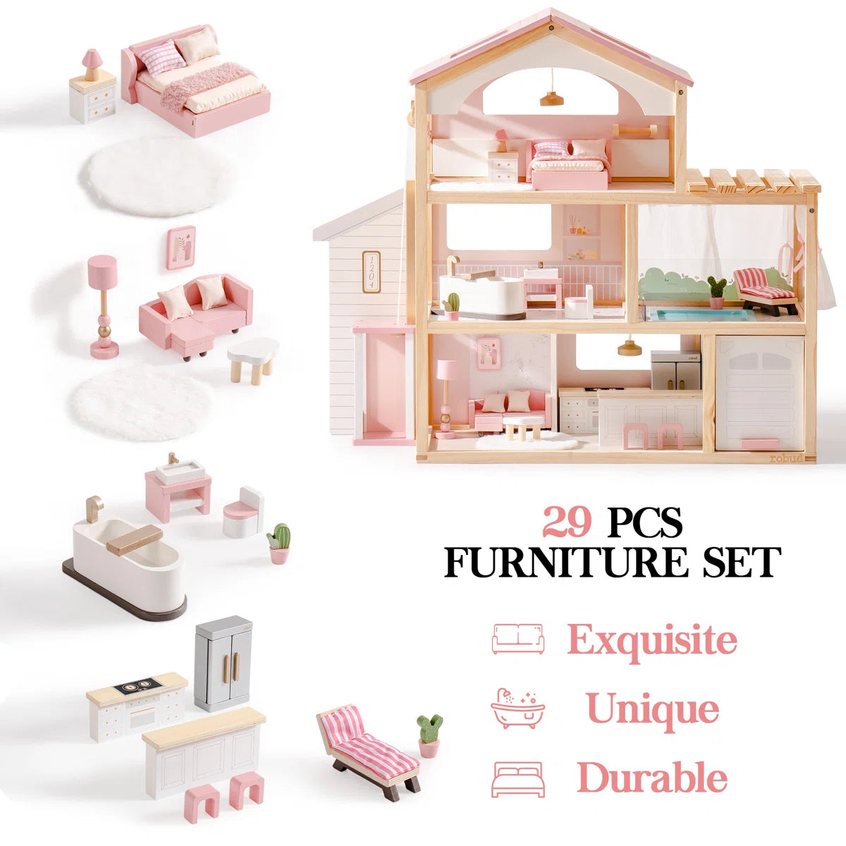 Wooden Dollhouse Estate with Working Elevator, Pool & Garage