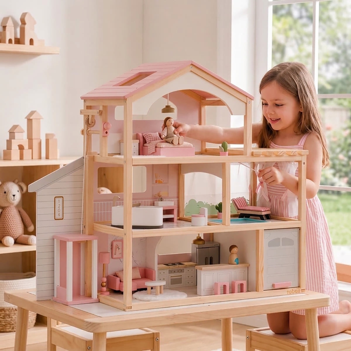 Wooden Dollhouse Estate with Working Elevator, Pool & Garage