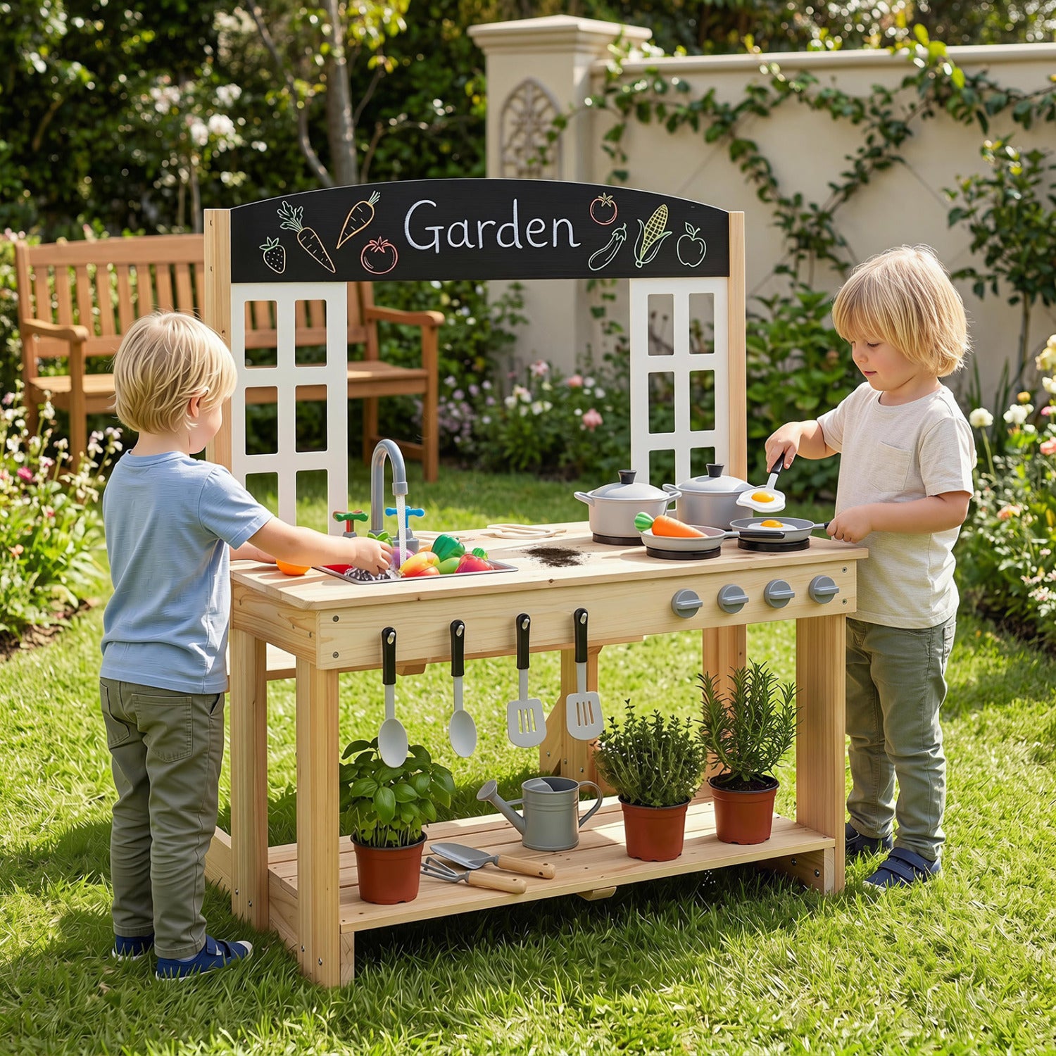 Toddler Wooden Mud Kitchen Set with Bench