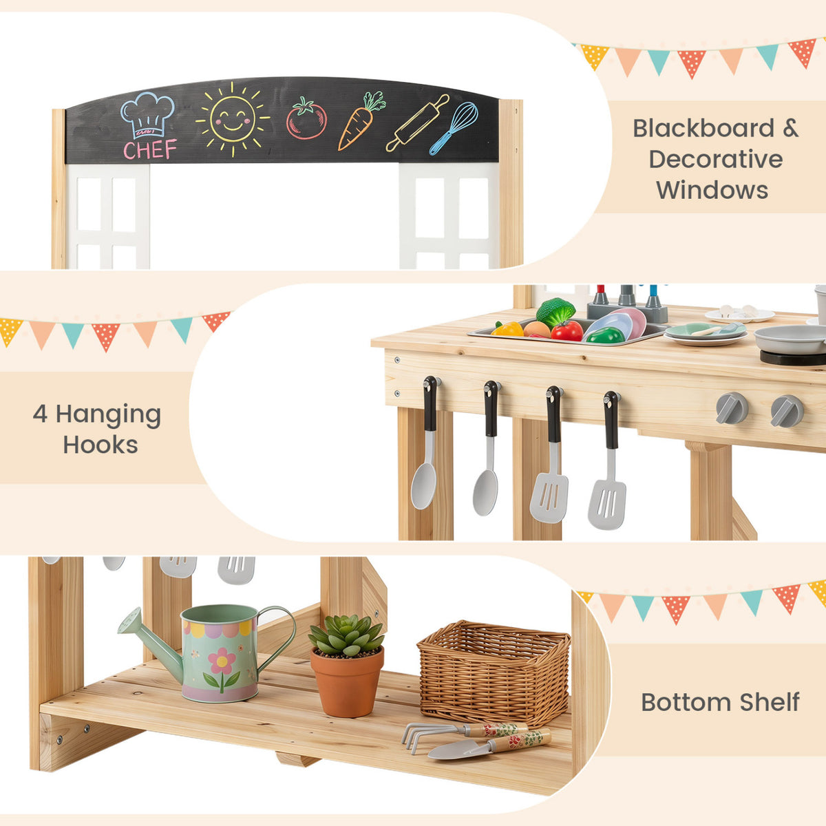 Toddler Wooden Mud Kitchen Set with Bench