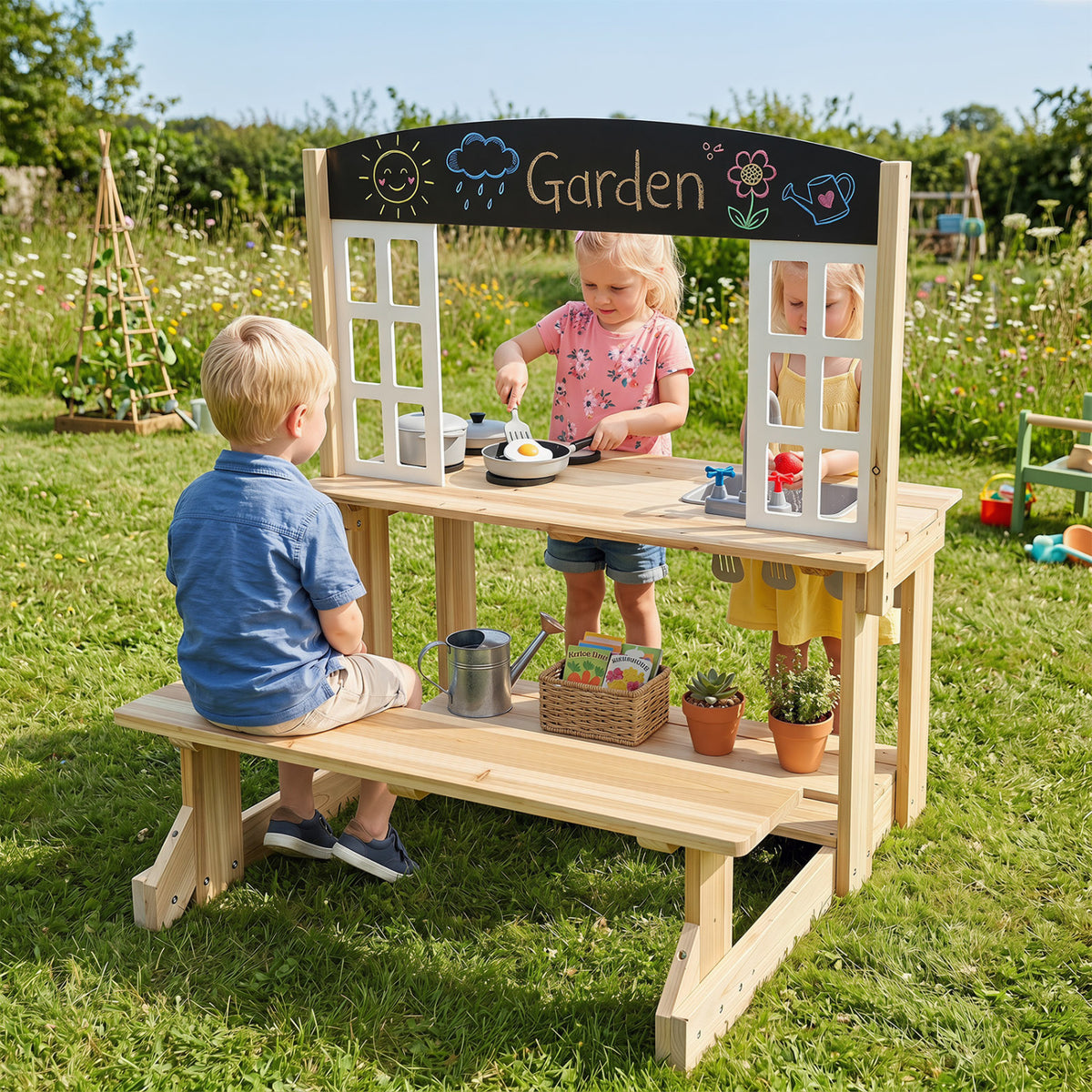 Toddler Wooden Mud Kitchen Set with Bench