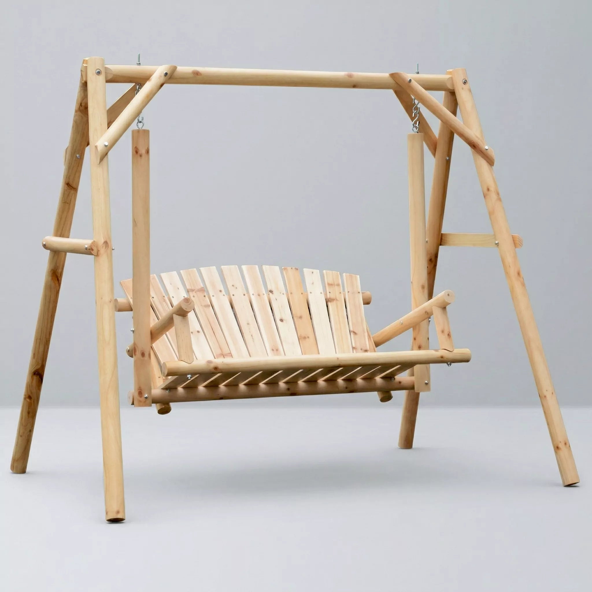 A close-up studio photograph of a classic freestanding wooden log A-frame swing with two seats and chains, featuring natural fir wood construction and carbonized finish, against a plain background.