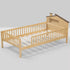 A detailed close-up photograph focusing on the unique house-shaped headboard of a twin size kids bed. It features a natural wood base, white painted panels forming a stylized house with a roofline and chimney, and a square window cut-out with an integrated ledge for storage.