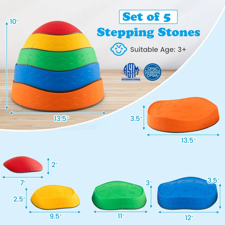 A stack of five vibrant and textured balance stepping stones for kids, including green, purple, yellow, orange, and blue. They are made of colorful plastic composite with raised traction dots for active sensory play and are stacked on a wooden floor in a playroom.