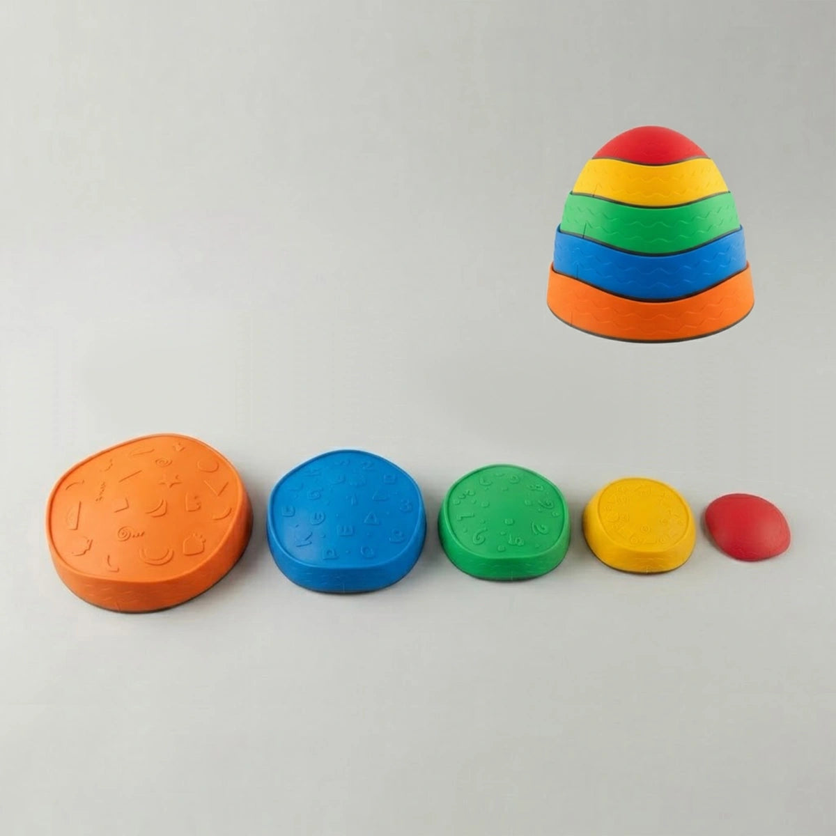 Five colorful plastic balance stepping stones for kids displayed on a plain light gray background. The image shows the stones fully stacked together into a dome shape on the top right, and also laid out in a straight line from largest (orange) to smallest (red) on the bottom, highlighting their nesting and stackable design.