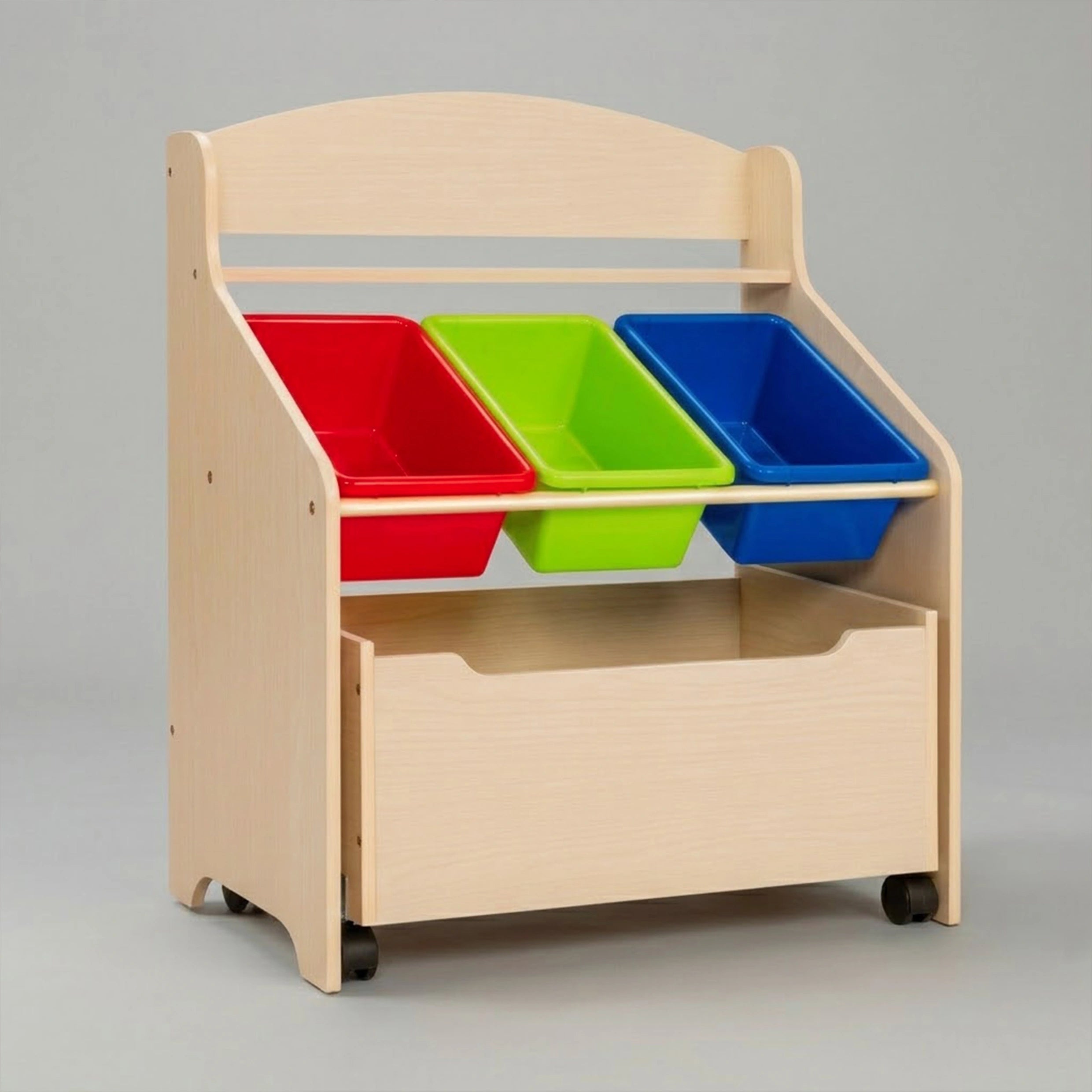 A studio shot of the kids' toy storage organizer showing the large rolling wooden box completely tucked in flush with the frame beneath three empty plastic bins.