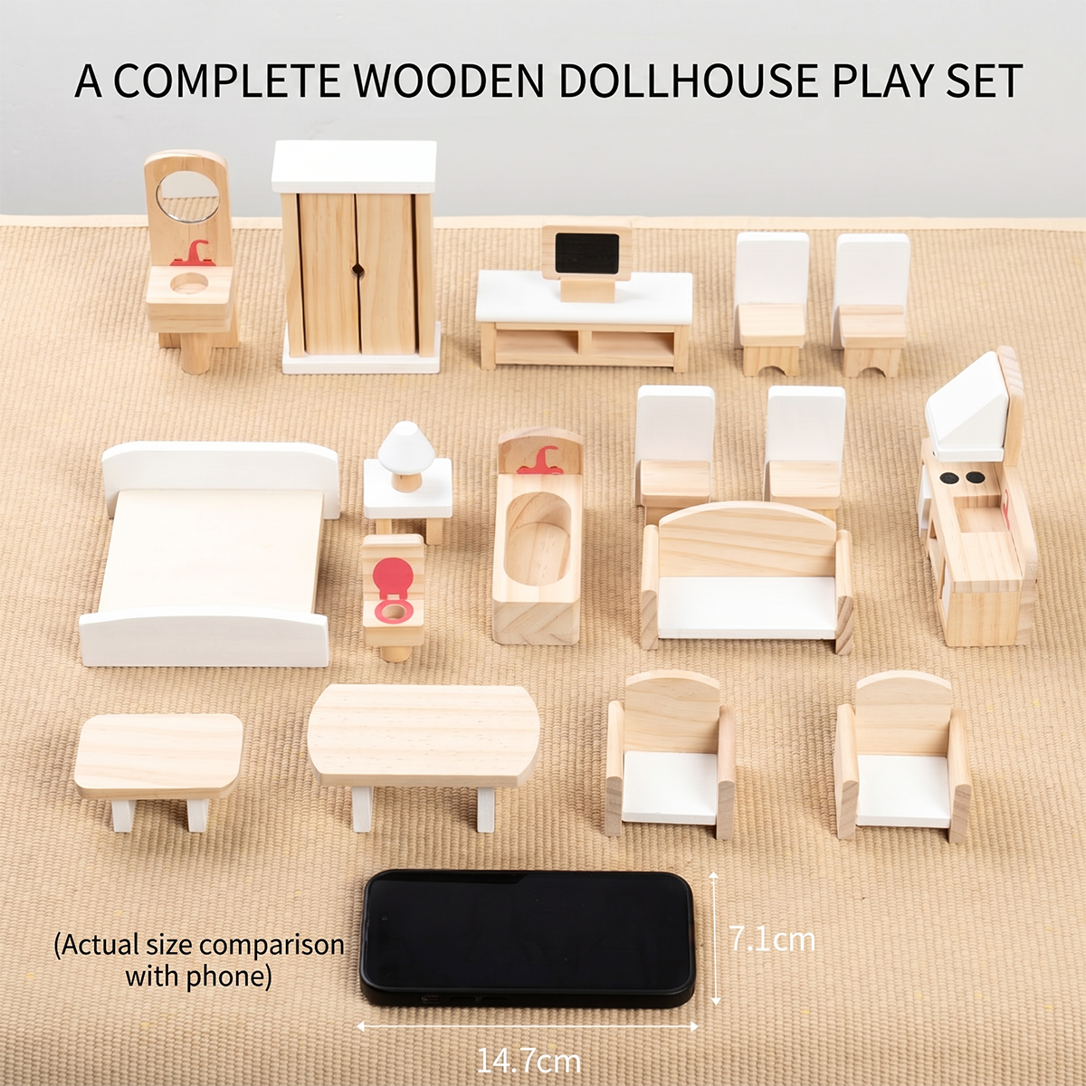 A toddler boy focusing on arranging wooden sofa and table pieces, practicing spatial awareness and hand-eye coordination.