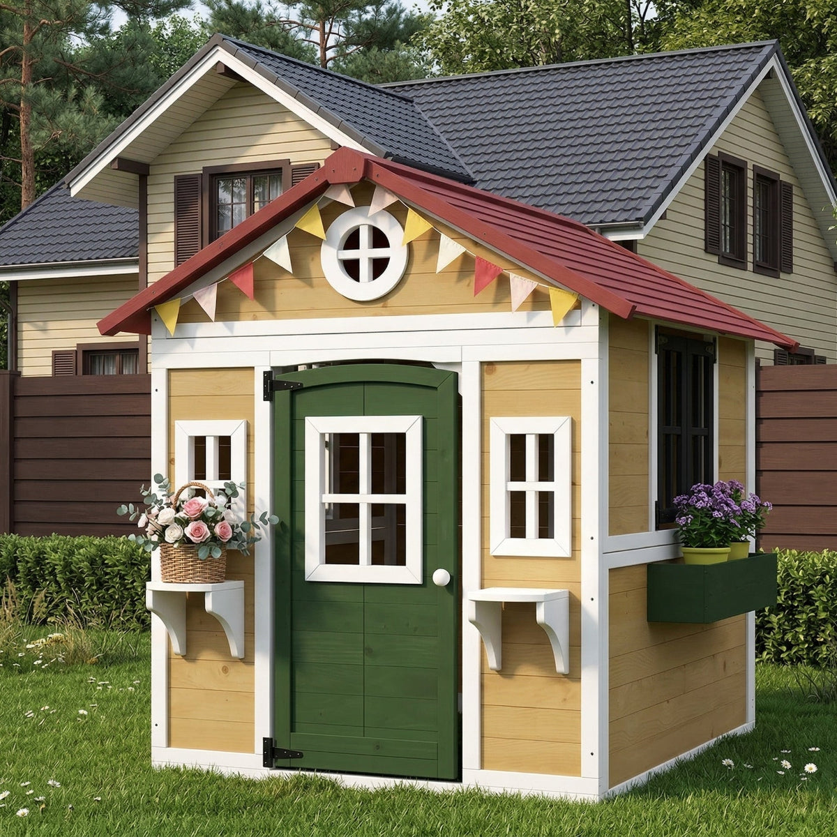 A scenic outdoor photograph showing a beige and gray wooden cottage-style convertible playhouse and chicken coop sitting on a grassy lawn in a sunny backyard. It features a main double door with glass panes, four front windows with white trim and attached planter boxes filled with flowers, and a gray roof.