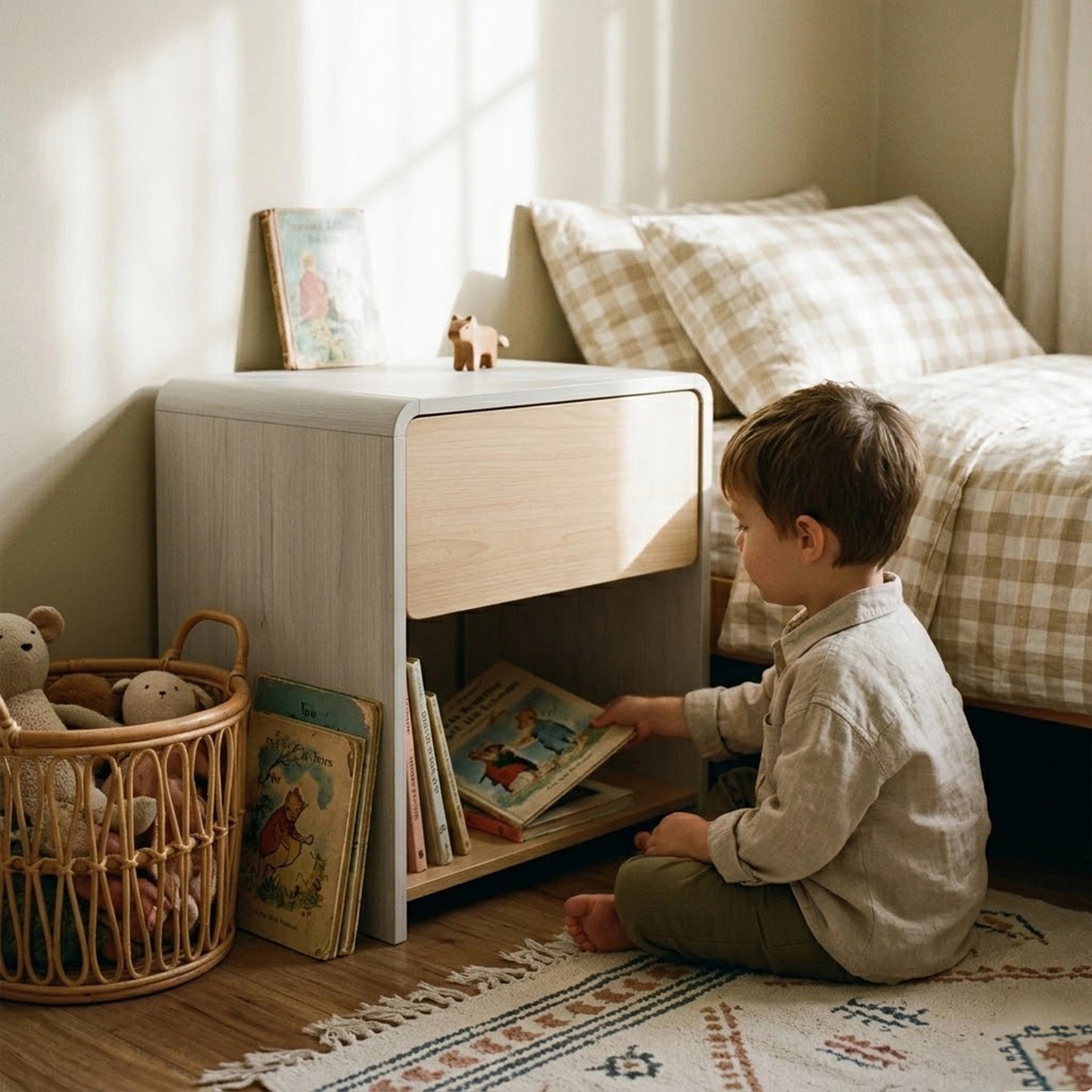 A cozy kids' bedroom setting where a little boy reaches for a storybook on a light-wood modern nightstand. The table features child-friendly curved edges and an open shelf keeping a woven basket full of wooden toys neatly organized.