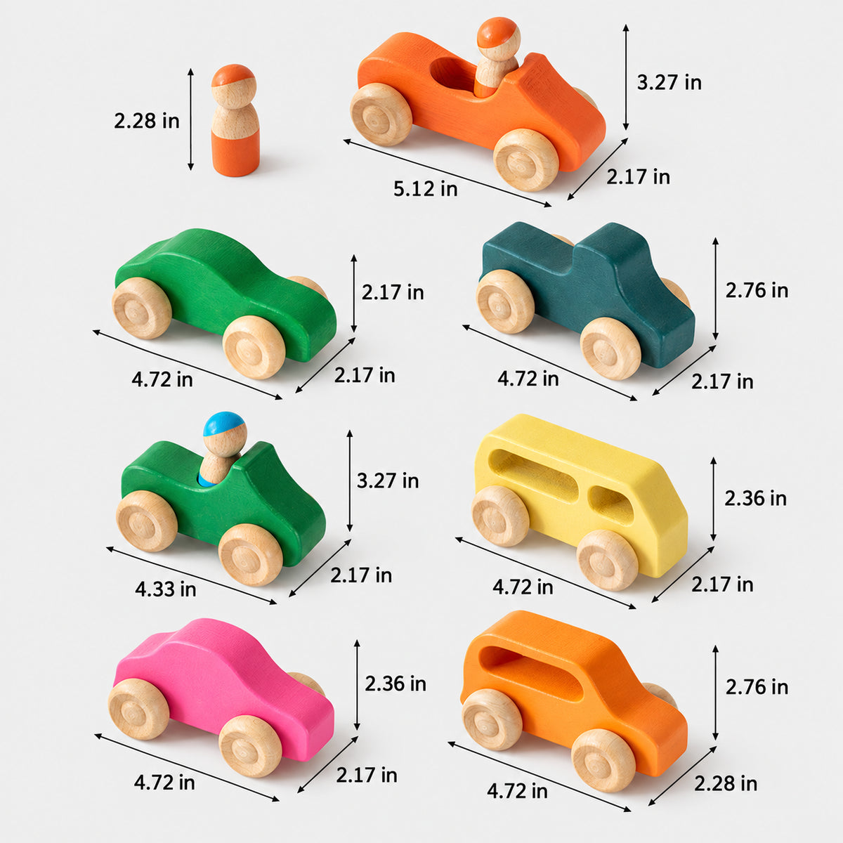 Rainbow Wooden Cars and Peg Dolls Set