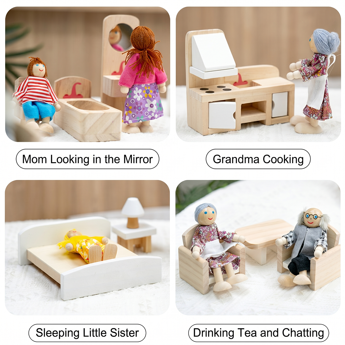 Overhead view of a complete 3D wooden dollhouse play set including kitchen, bedroom, and living room furniture.