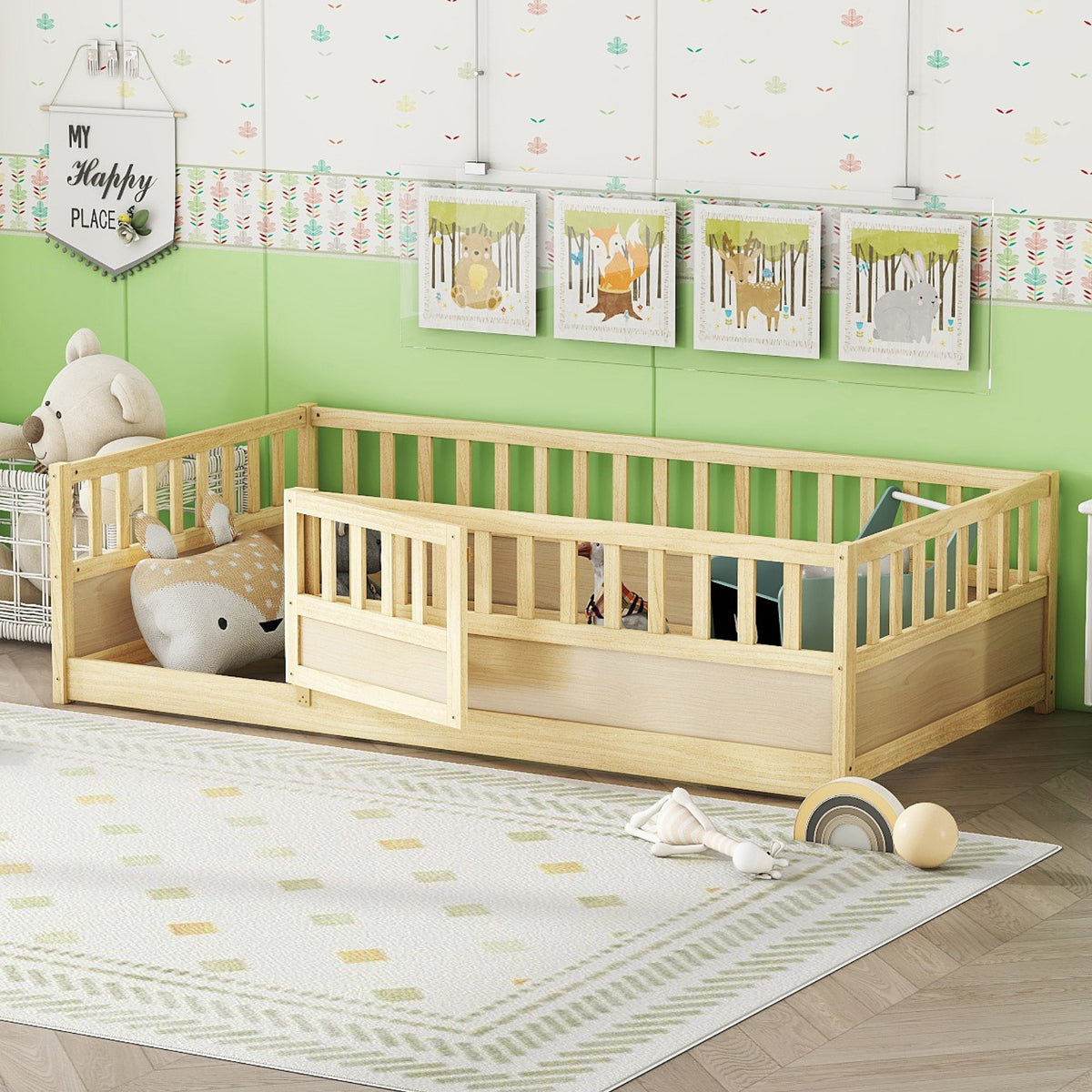 Twin Pine Floor Bed with Safety Rails and Door