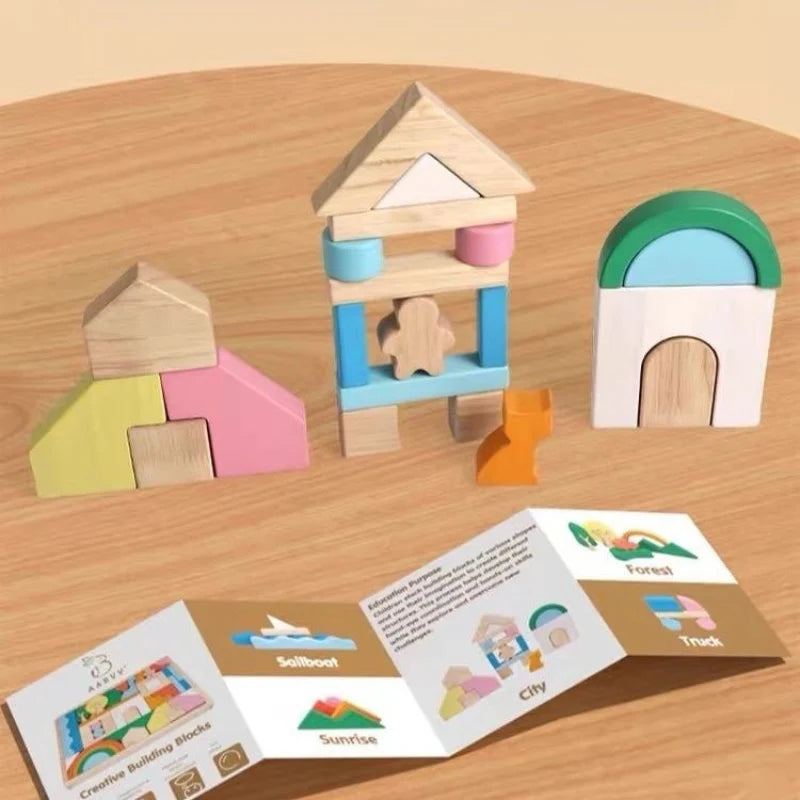 46-Piece Pastel Wooden Building Blocks Set